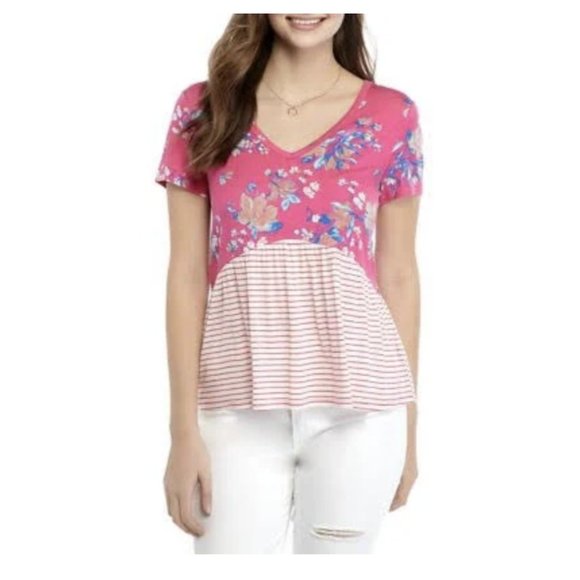 Eyeshadow Tops - Eyeshadow Women's Junior's Mixed Print Babydoll Top - Pink Multi - L